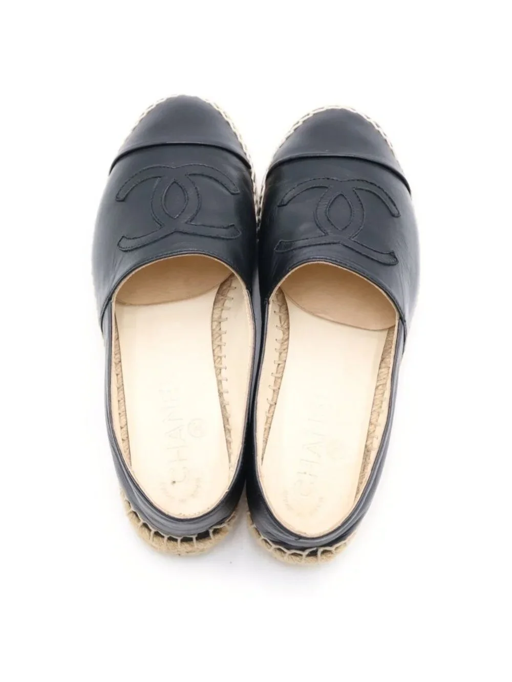 Chanel CC Logo Espadrilles Flat Shoes Slip on Lambskin Leather Black